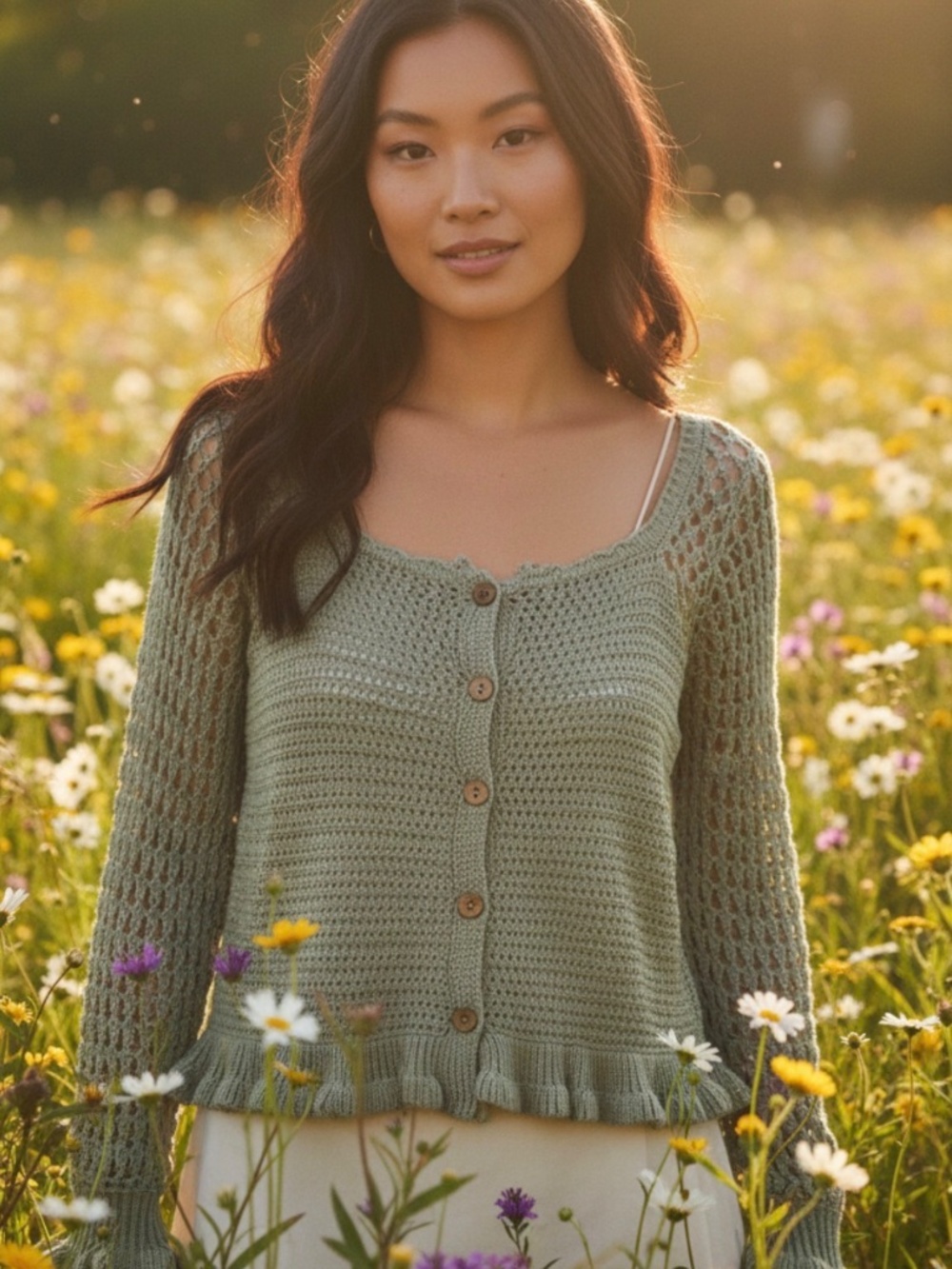 Miracle Cozy Crochet Button down Ruffle Sweater Top